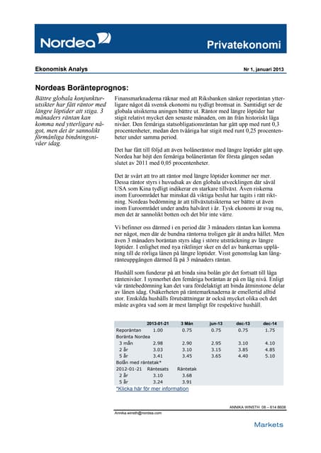 Nordea Boranteprognos 130121
