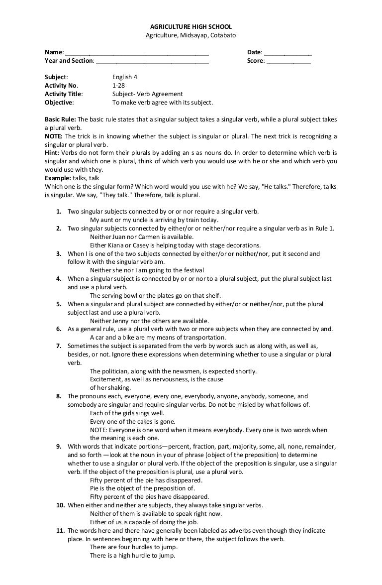 Worksheets Subject Verb Agreement Worksheets High School 28 subject verb agreement
