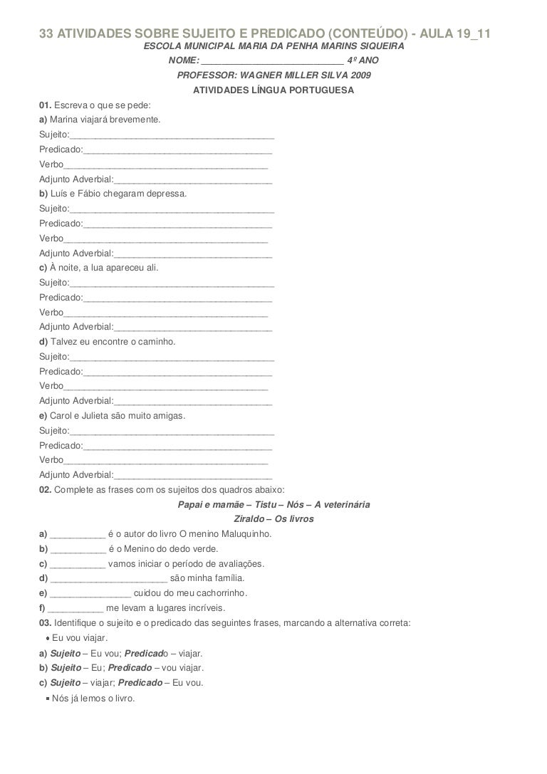 Sujeito E Predicado Exercicios Resolvidos 6o Ano