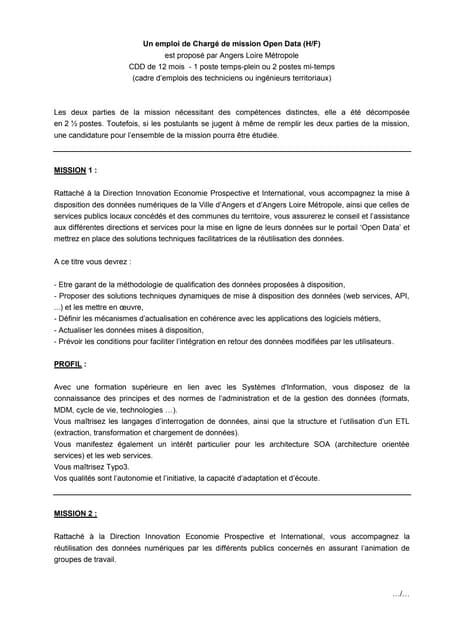 Fiche poste de mission open data Angers Métropole