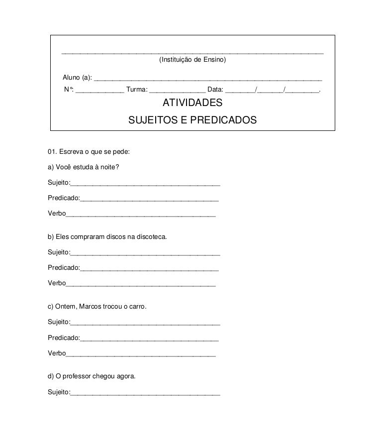 Sujeito E Predicado Exercicios Resolvidos 6o Ano