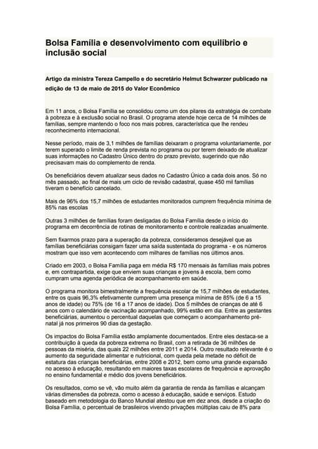 Bolsa família e desenvolvimento com equilíbrio e inclusão social