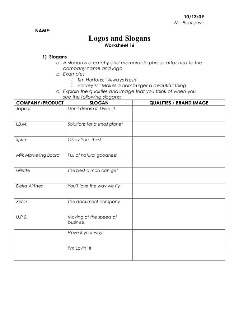 Worksheets Advertising Slogans Worksheet logos and slogans worksheet