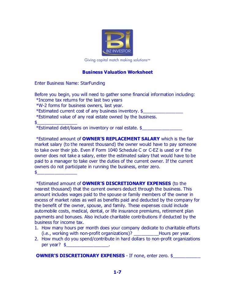 Printables Business Valuation Worksheet business valuation worksheet