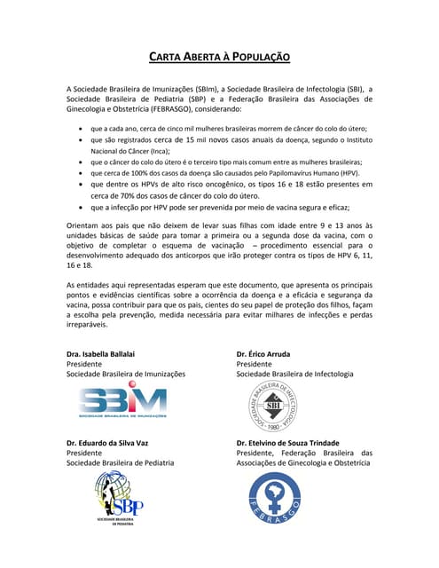 Carta Aberta à População - Vacina HPV