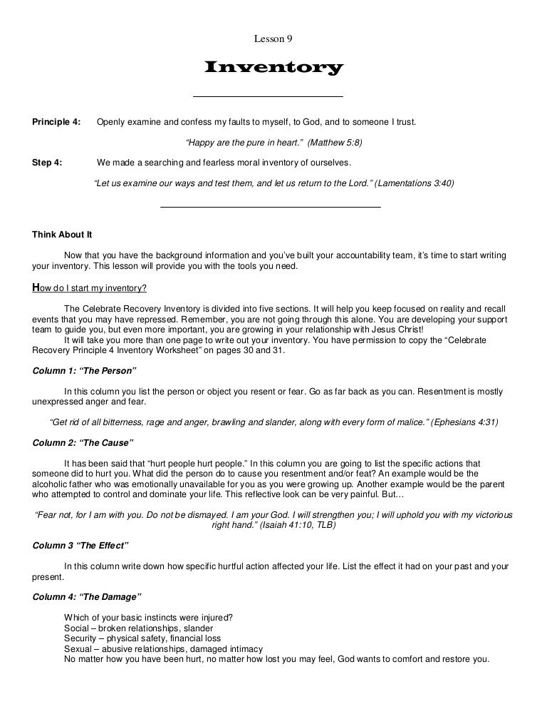 Printables Celebrate Recovery Inventory Worksheet celebrate recovery lesson 9 addiction