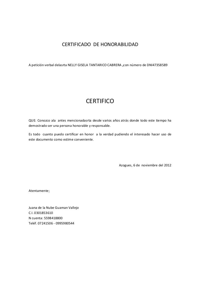 Formato Carta De Honorabilidad Modelo Certificado De Honorabilidad
