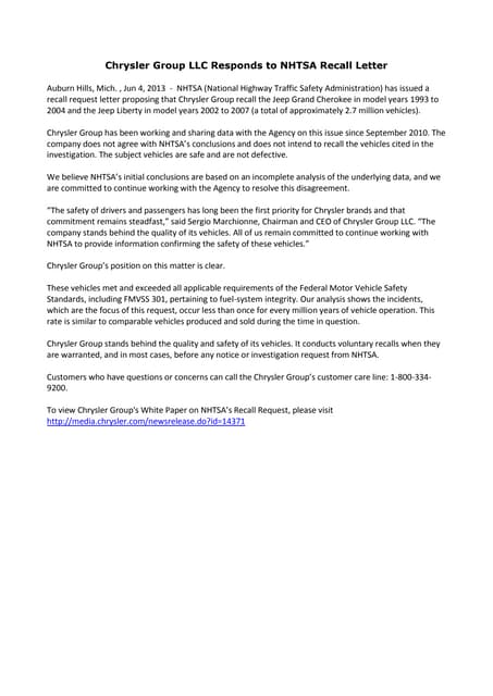 Chrysler Group LLC Responds to NHTSA Recall Letter