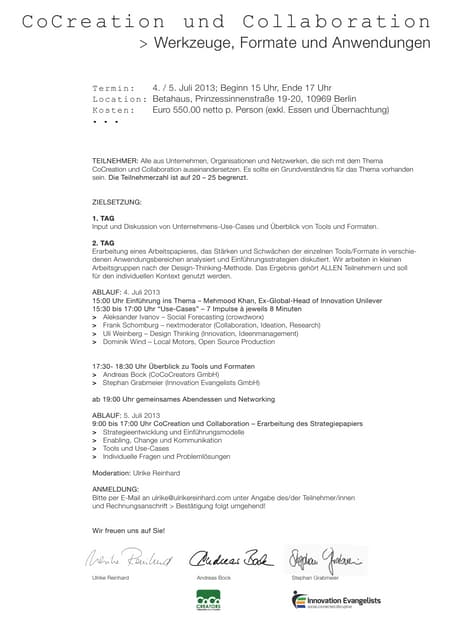 Workshop "CoCreation und Collaboration > Werkzeuge, Formate und Anwendungen" am 4./5. Juli 2013