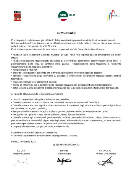 Comunicato congiunto primo confronto sp