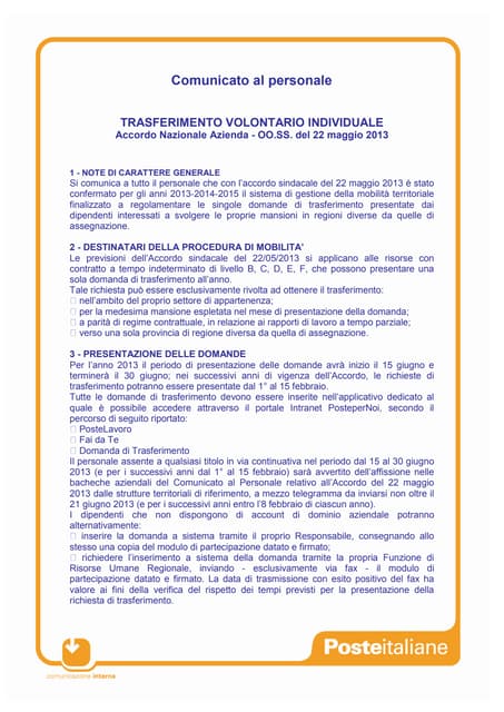 Comunicato per il personale accordo sindacale 22 maggio 2013   mobilità nazionale