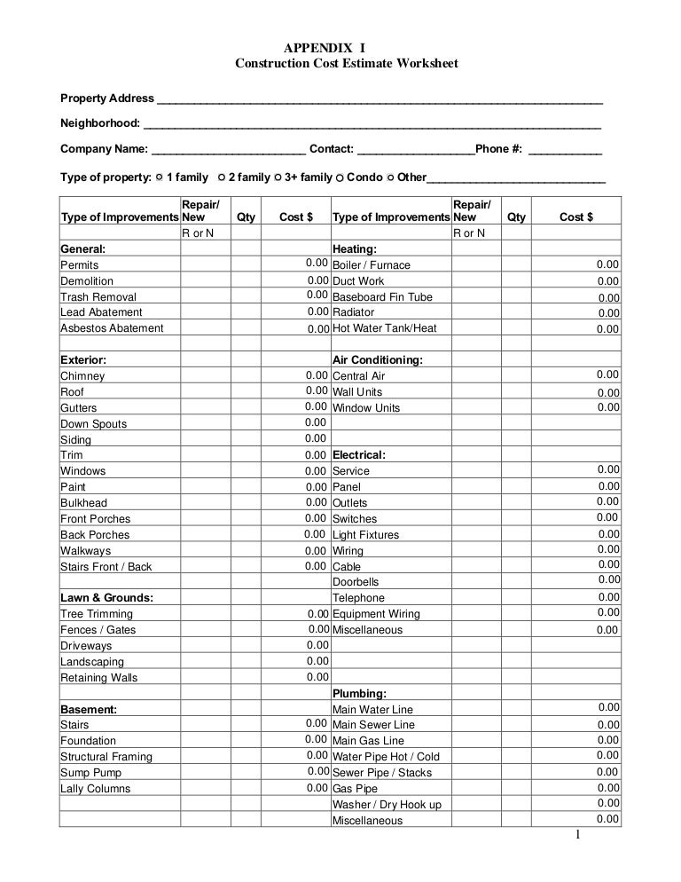 Worksheet Construction Estimate Worksheet construction estimate worksheet