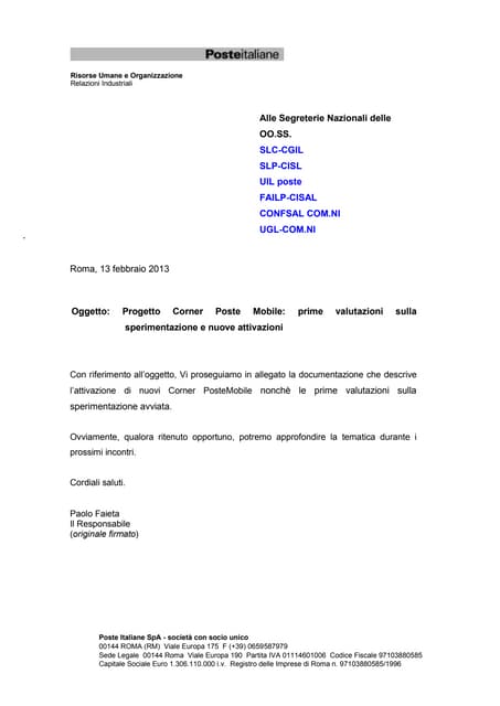Corner poste mobile e avanzamento sperimentazione