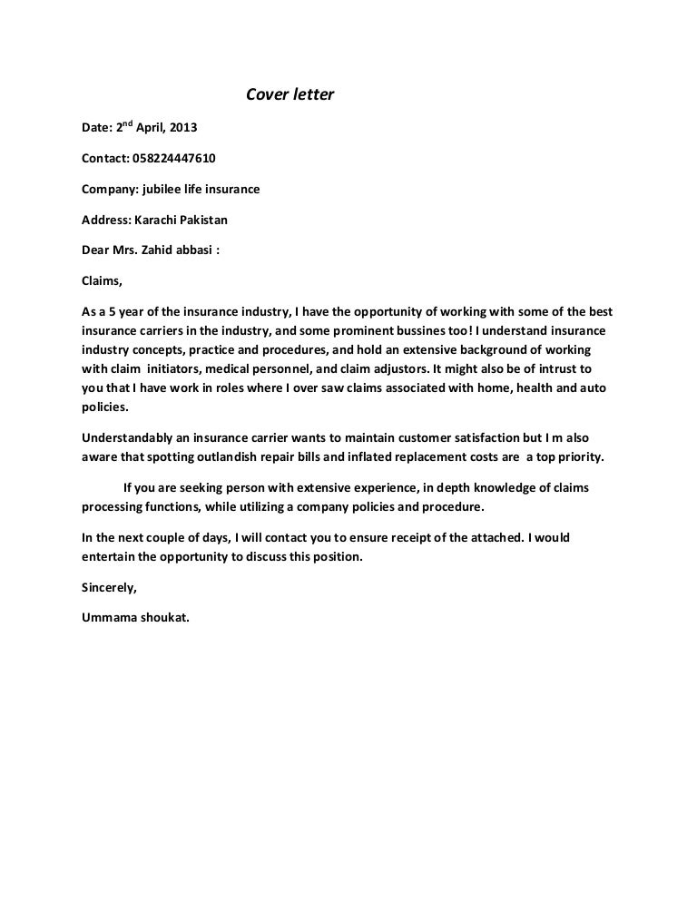 claims assistant cover letter