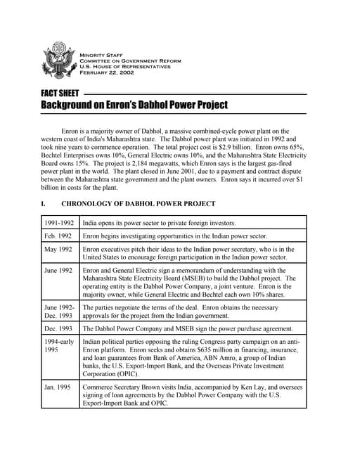 Background on Enron's Dabhol Power Project