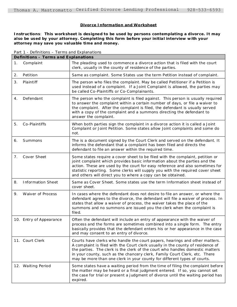 Printables Divorce Worksheet divorce information and worksheet