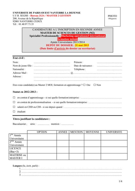 Dossier de candidature moi initiale 2013 2014