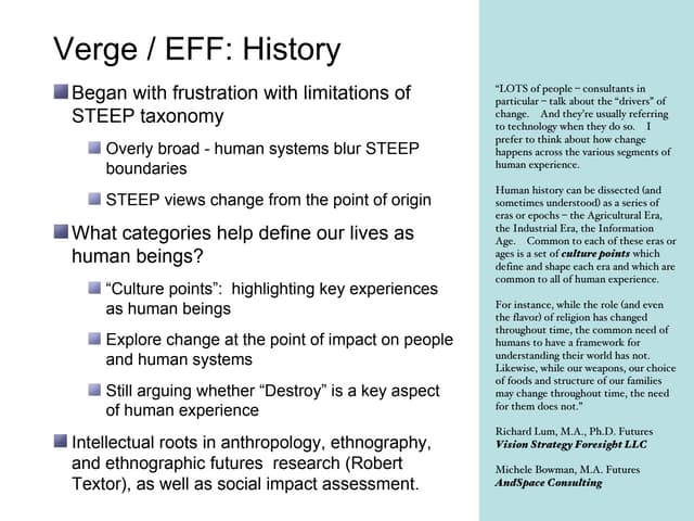 Summary of VERGE (ethnographic futures framework devised by Richard Lum and Michele Bowman).