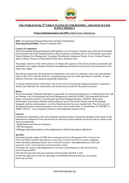 Environmental Safeguard Specialist And Head Of Department - Staff Terms Of Reference copy