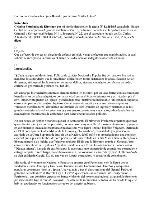 Escrito CFK para el juez Bonadio