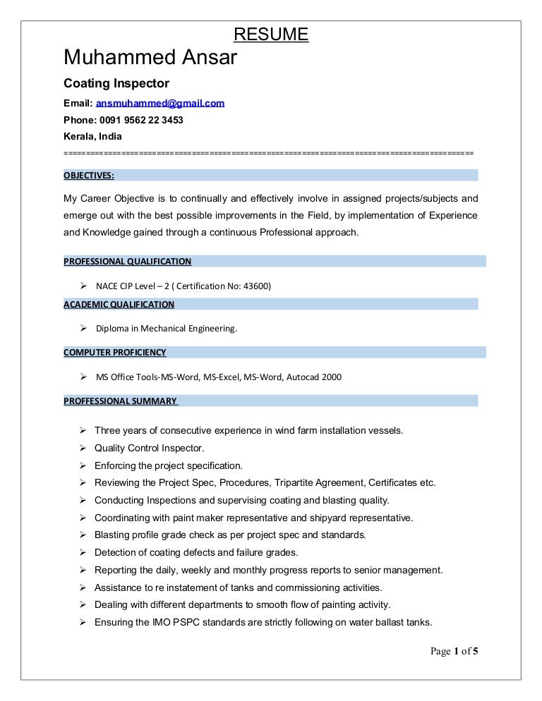plant inspector resume