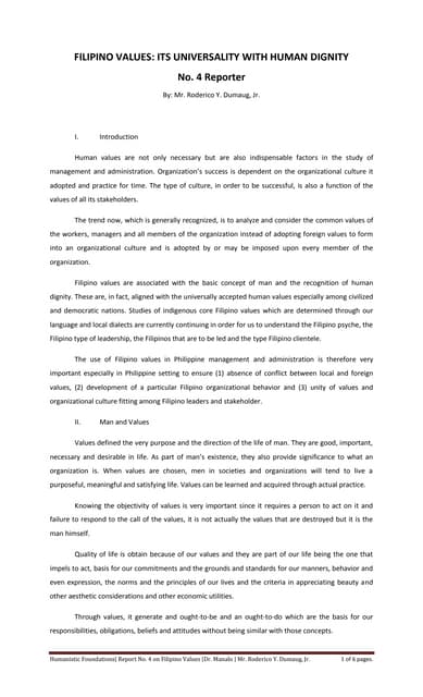 FILIPINO VALUES: ITS UNIVERSALITY WITH HUMAN DIGNITY (Written Report)