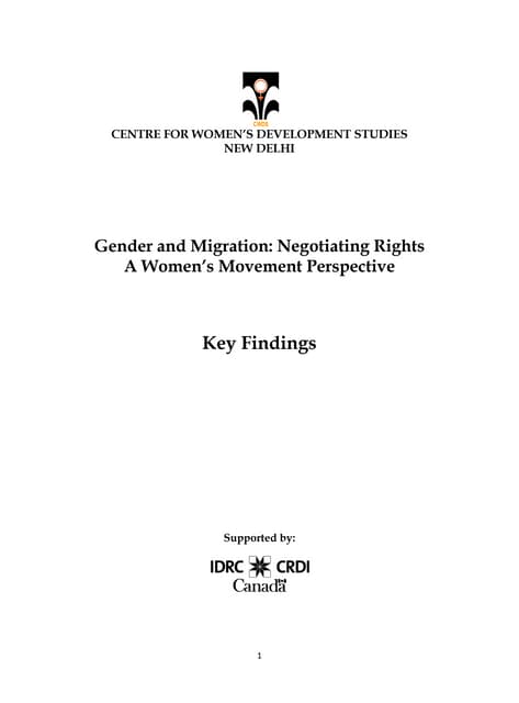 Gender and Migration - Key findings by Centre for Women's Development Studies
