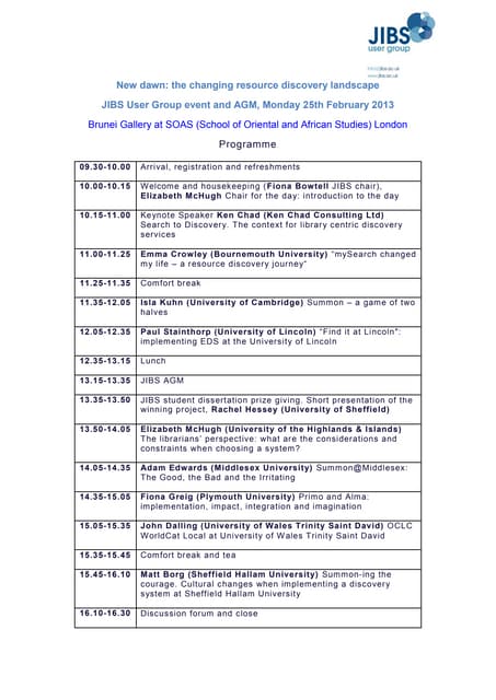 JIBS User Group event: New Dawn: the Changing Resource Discovery Landscape programme
