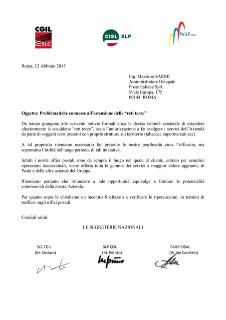 Lettera a.d.  sarmi congiunta  estensione delle reti terze