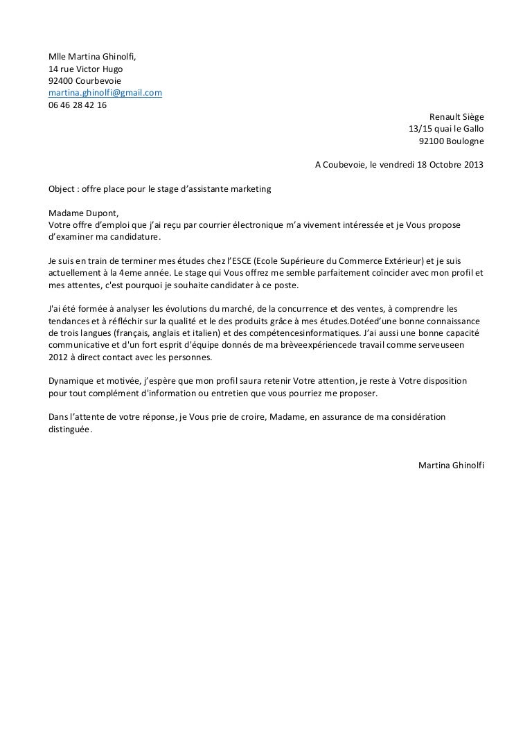 Exemple Lettre De Motivation Pour Stage
