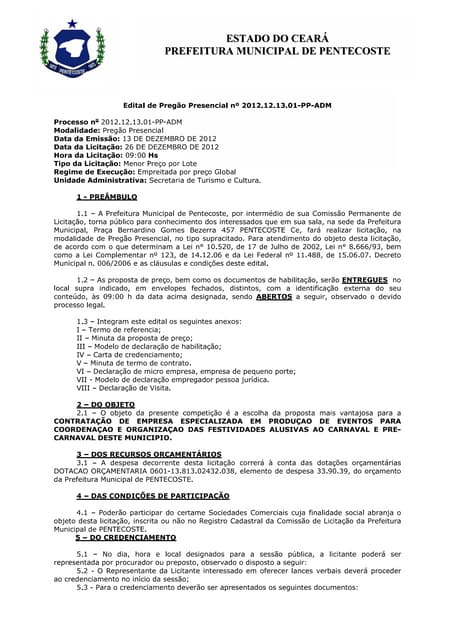 Licitação do crnaval 2013 para pentecoste
