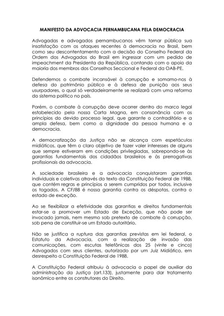 Manifesto da Advocacia Pernambucana pela Democracia