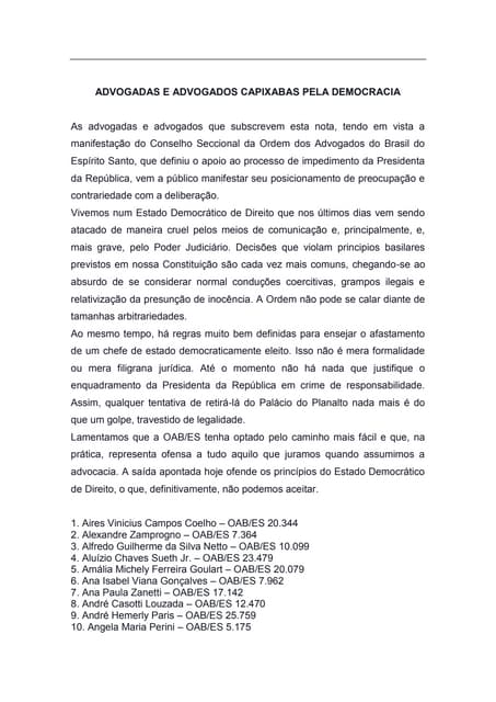 Manifesto das Advogadas e Advogados Capixabas pela Democracia