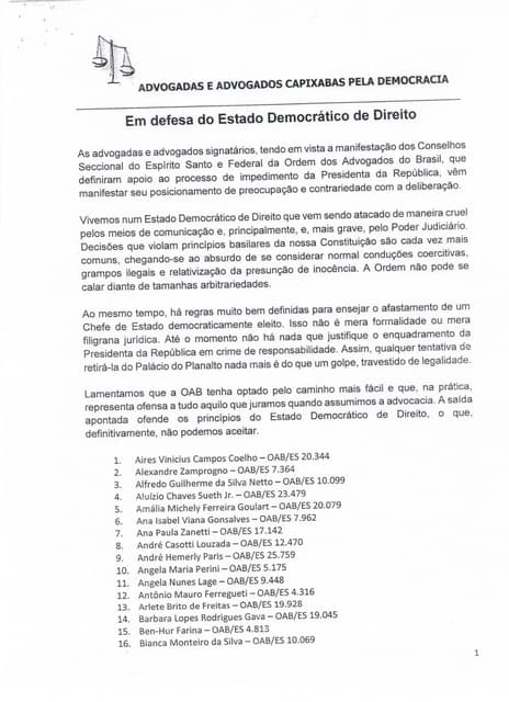 Manifesto das Advogadas e Advogados Capizabas pela Democracia