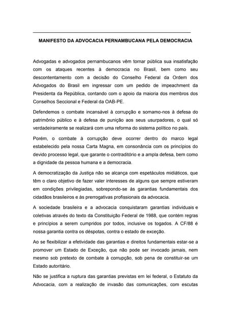 Manifesto da Advocacia Pernambucana pela Democracia