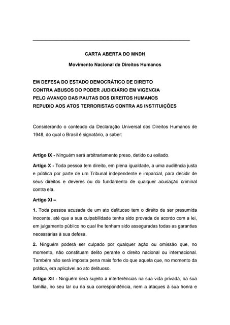 Carta aberta Movimento Nacional de Direitos Humanos