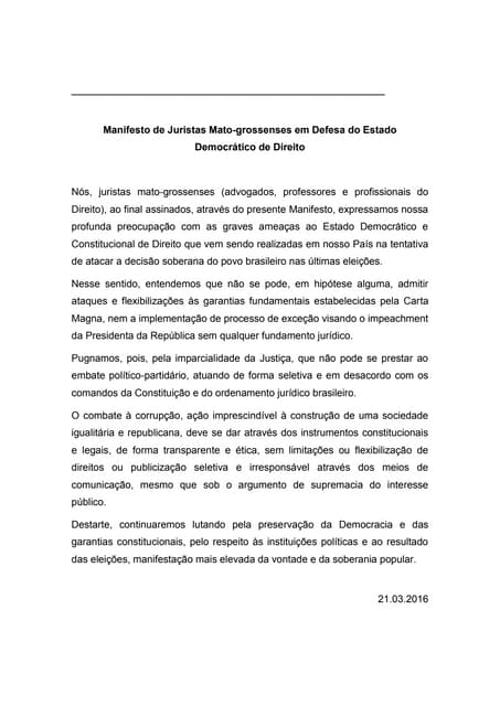 Manifesto de Juristas Mato-grossenses em Defesa do Estado Democrático de Direito