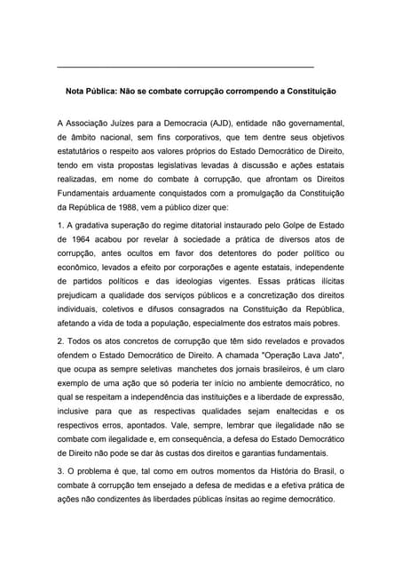 Nota Pública: Não se combate corrupção corrompendo a Constituição