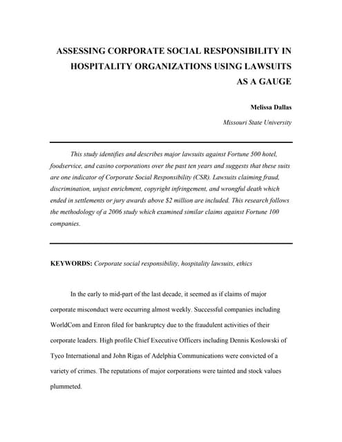 HospitalityLawyer.com | Melissa Dallas Case Study | Assessing Corporate Social Responsibility in Hospitality Organizations Using Lawsuits as a Gauge by Melissa Dallas
