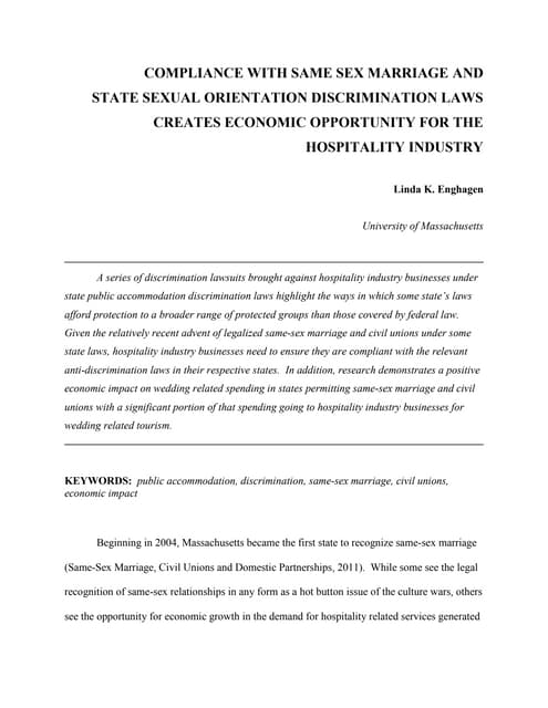 HospitalityLawyer.com | Linda K. Enghagen Lawsuit Study | Compliance With Same-Sex Marriage and State Sexual Orientation Discrimination Laws Creates Economic Opportunity for the Hospitality Industry by Linda K. Enghagen - HospitalityLawyer.com