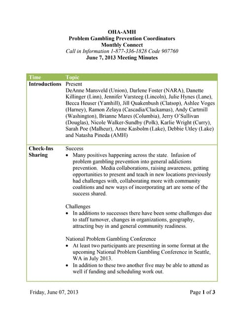 Oregon Problem Gambling Services - Monthly PG Prevention Connect - Minutes - 6/7/13