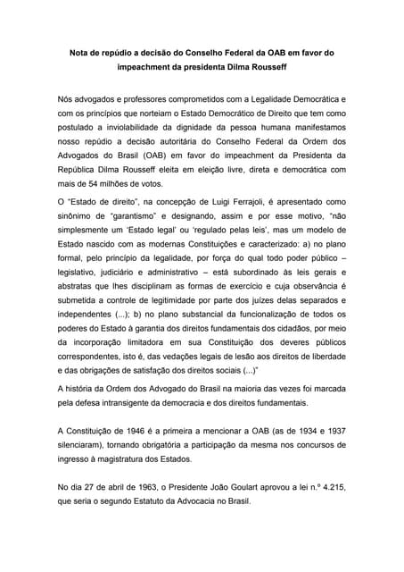 Nota de repúdio a decisão do Conselho Federal da OAB em favor do impeachment da presidenta Dilma Rousseff