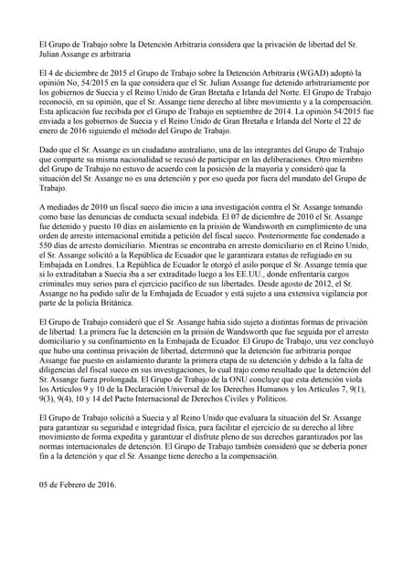 Comunicado de la ONU sobre Assange