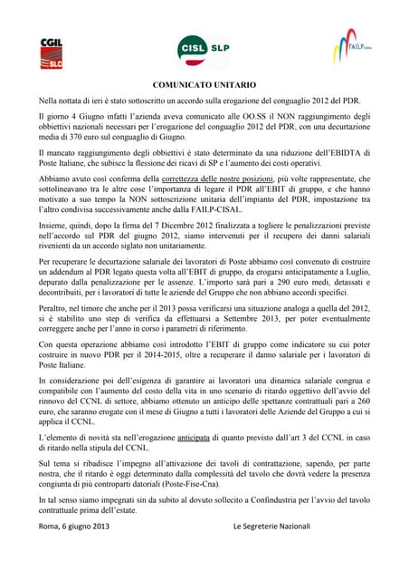Poste comunicato unitario accordi 6 6-13