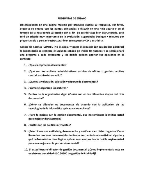 Preguntas de ensayo - Gestión Documental