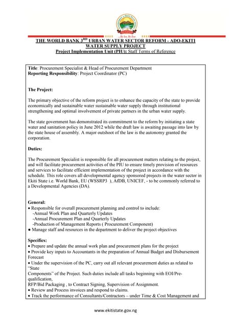 Procurement Specialist & Head Of Procurement Department - Staff Terms Of Reference 