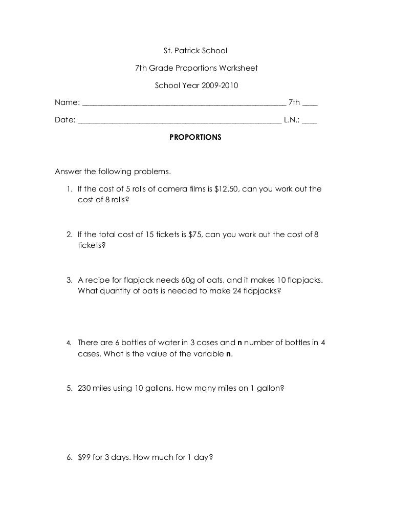 Printables Ratios And Proportions Worksheets 7th Grade proportions worksheet