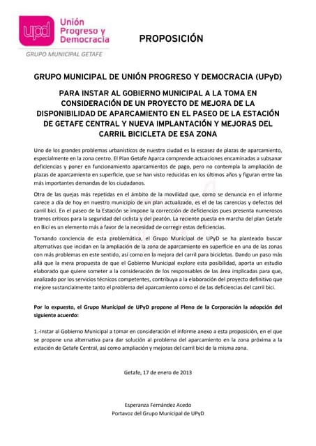 Proposición sobre la mejora del aparcamiento y el carril bici
