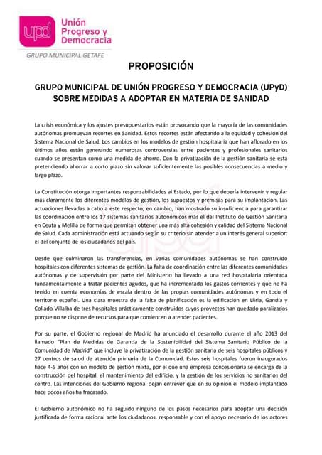 Proposición sobre Sanidad