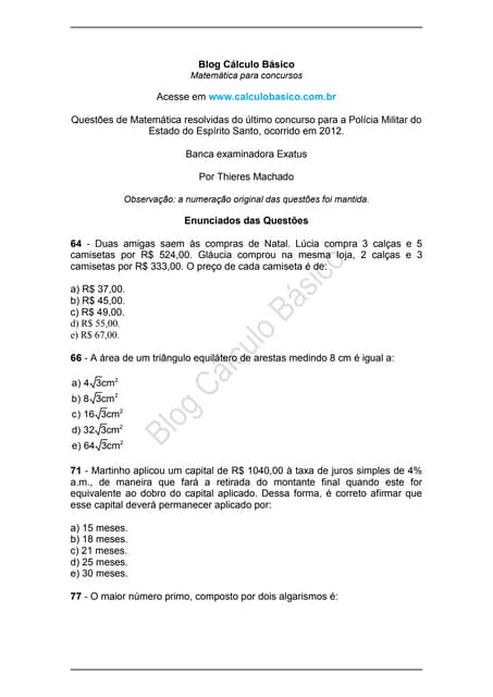 Prova, Questões do Concurso para Soldado da Polícia Militar do Espírito Santo